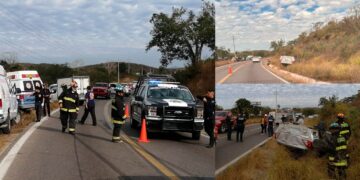 Tres vehículos protagonizan accidente cerca de El Chilillo, al norte de Mazatlán; uno de ellos quedó volcado