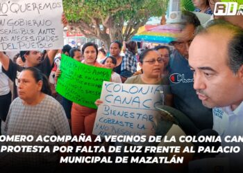 Memo Romero acompaña a vecinos de la colonia Canaco en protesta por falta de luz frente al Palacio Municipal de Mazatlán