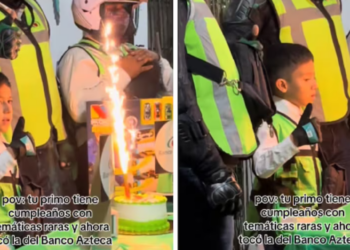 Cumpleaños con estilo único; niño elige temática de Banco Azteca con cobradores incluidos y se viraliza