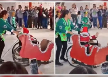 Maestra transforma silla de ruedas de alumno en trineo y contagia de Navidad a escuela de Coahuila