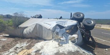 Se vuelca caja de tráiler con azúcar en la maxipista Culiacán-Mazatlán