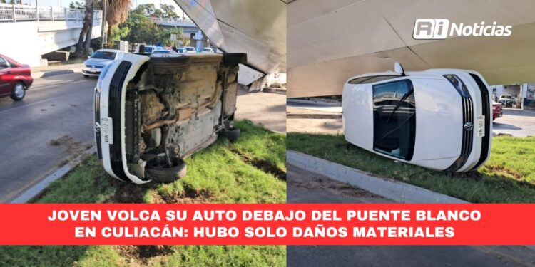 Joven volca su auto debajo del Puente Blanco en Culiacán hubo solo daños materiales